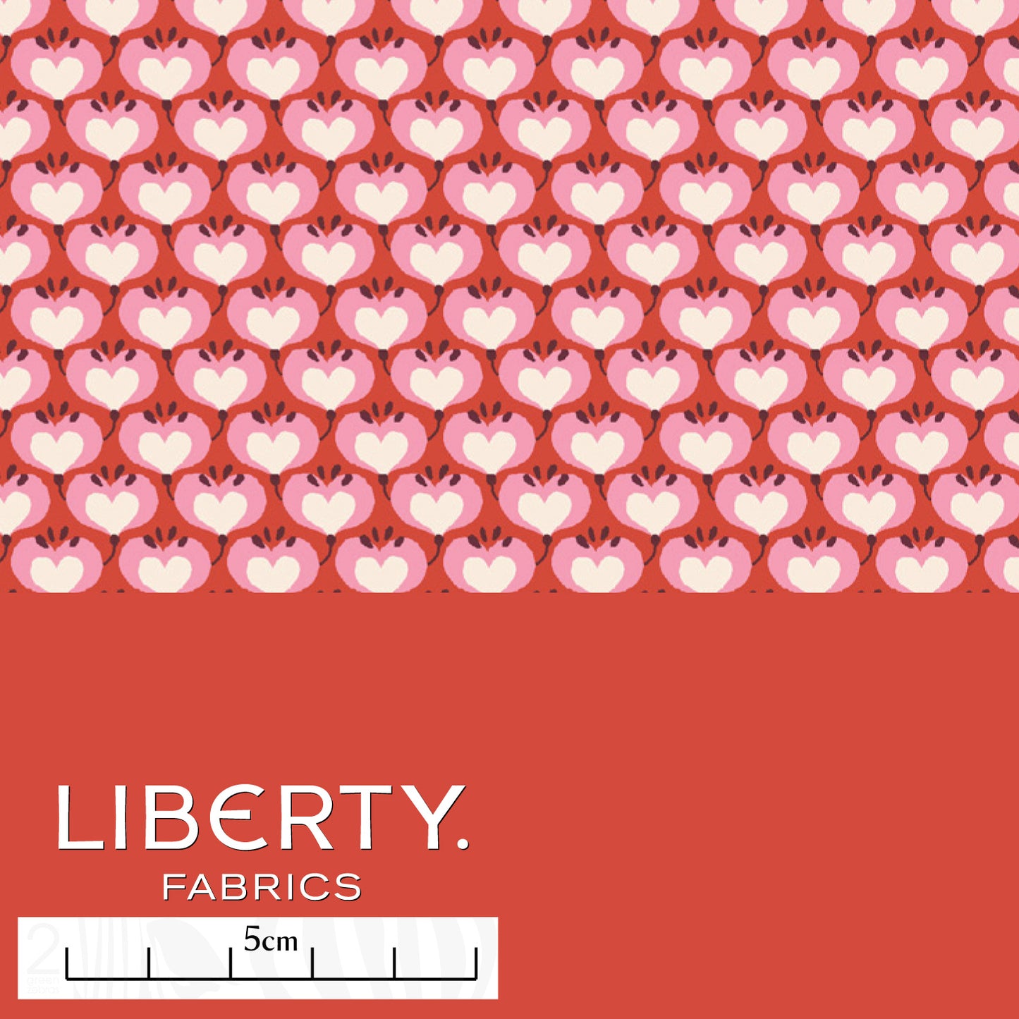 Liberty In Love Tana Lawn™ cotton fabric with pastel hearts in pale pink on a bold red background