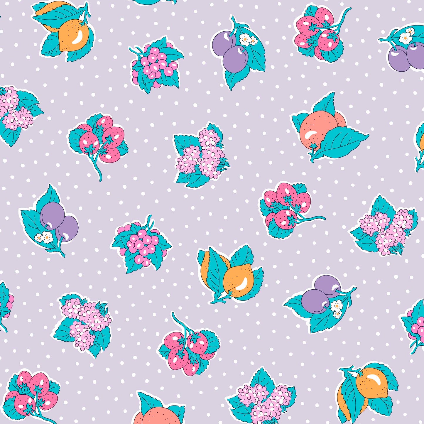 fruits and florals on a purple background with white polka dotos