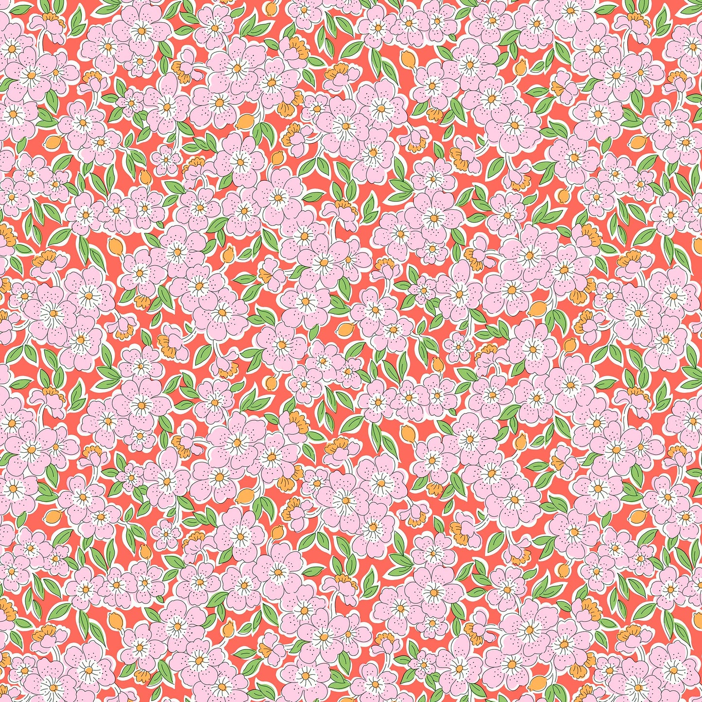 delicate flowers and leaves in pink and green on a red background.