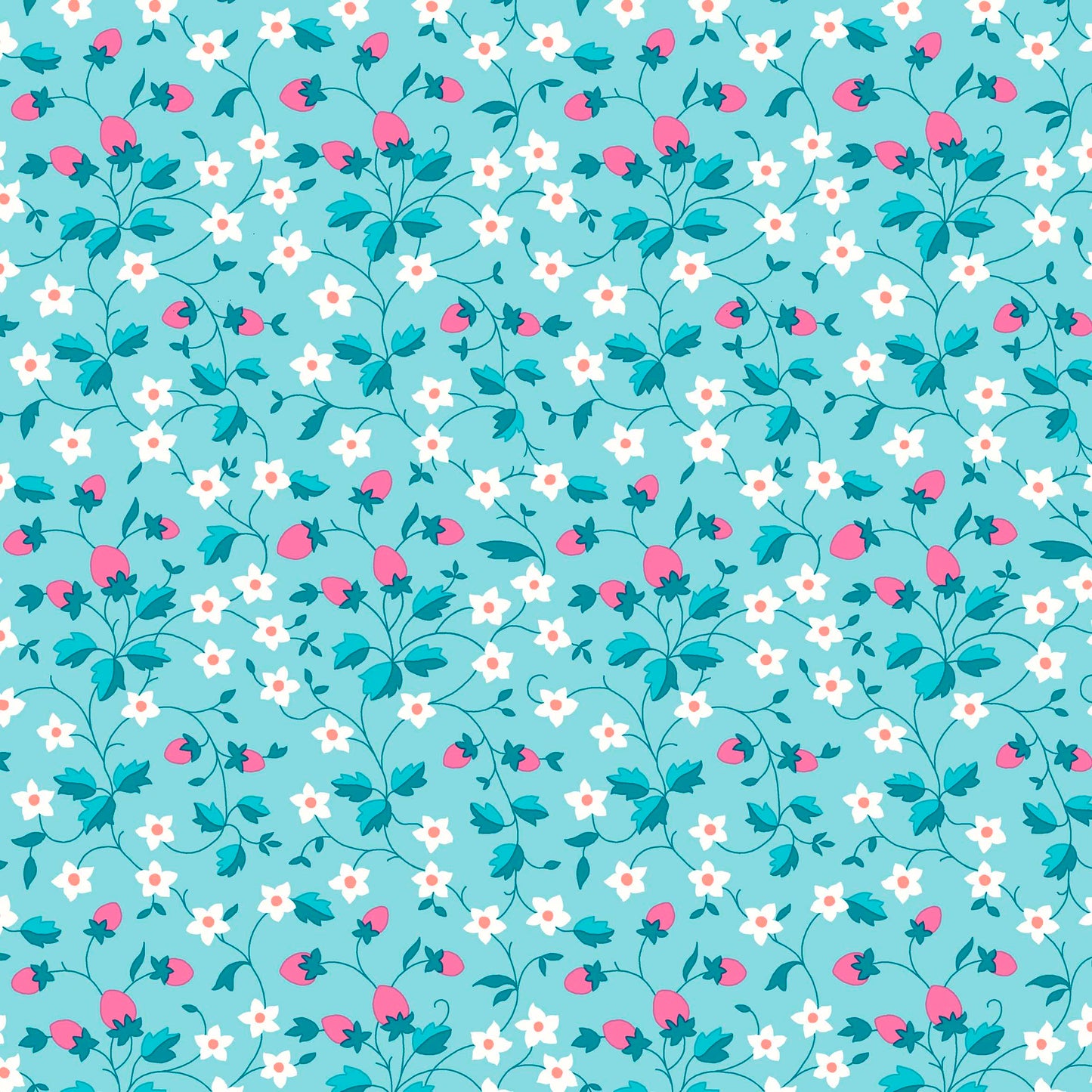 strawberries and flowers in pink and white on a blue background