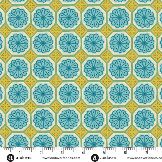 Whimsy | Retro Geometric Floral Tiles | Teal & Mustard | Cotton | 25cm