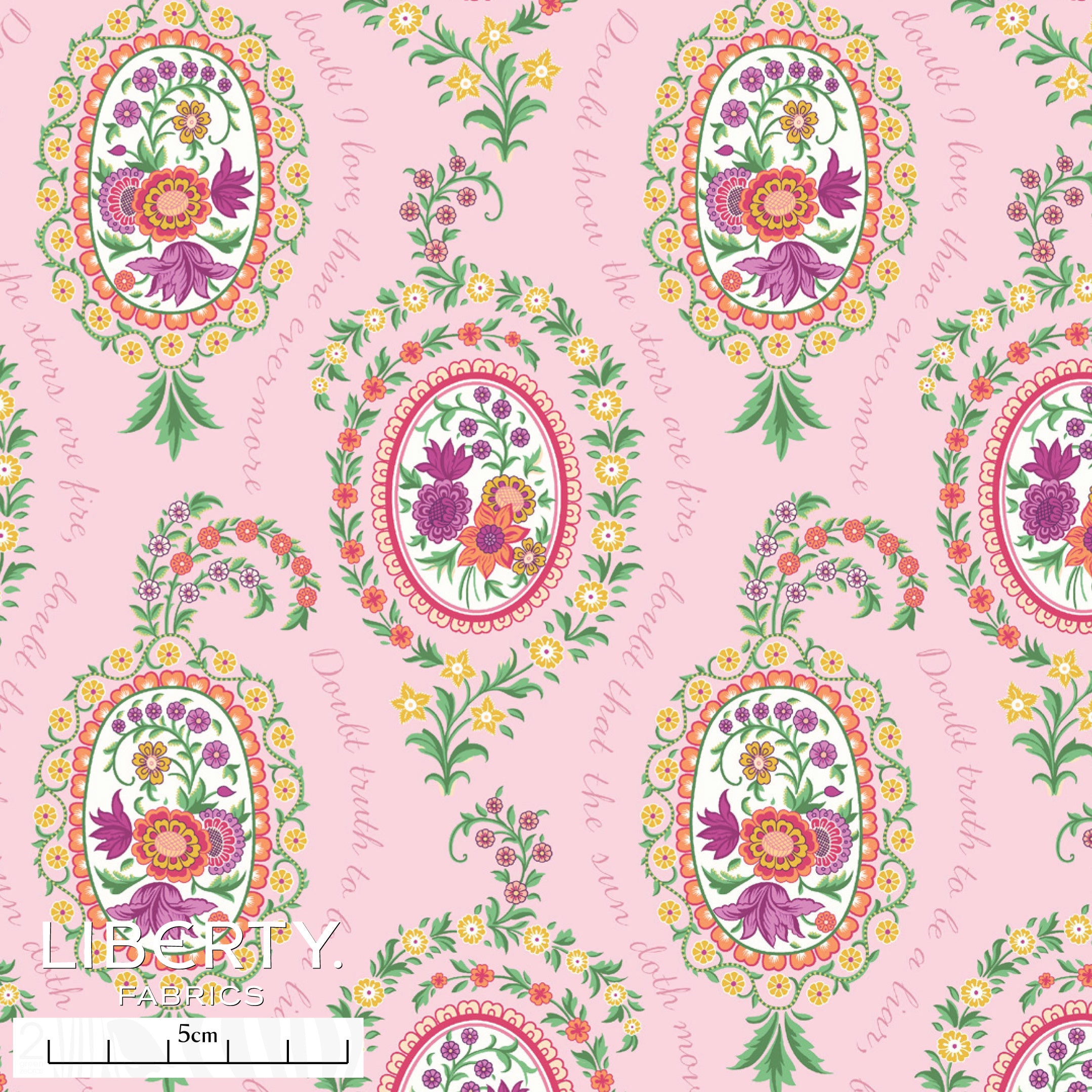liberty tana lawn cotton in pale pink with Persian handpainted floral motifs and words