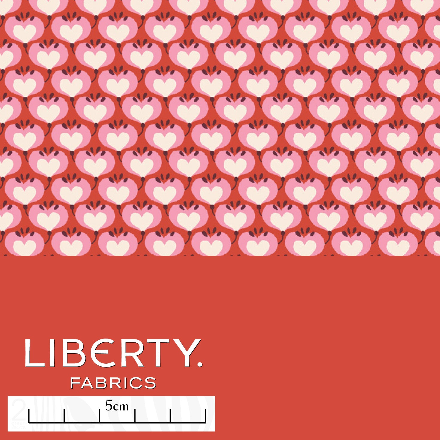 Liberty In Love Tana Lawn™ cotton fabric with pastel hearts in pale pink on a bold red background