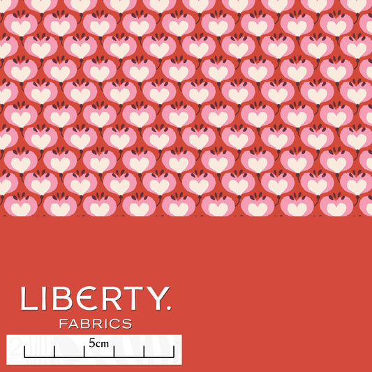 Liberty In Love Tana Lawn™ cotton fabric with pastel hearts in pale pink on a bold red background