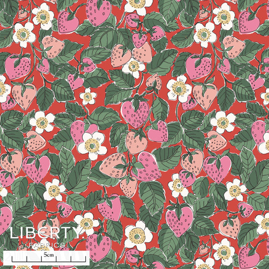 liberty tana lawn cotton with vintage inspired strawberries, blossoms and leaves on a red background