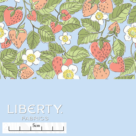 liberty tana lawn cotton with pastel strawberries, leaves and blossoms on a light blue background