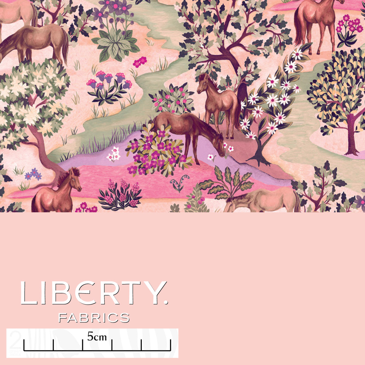 liberty print with whimsical horses, flowers and trees in a pink colourway