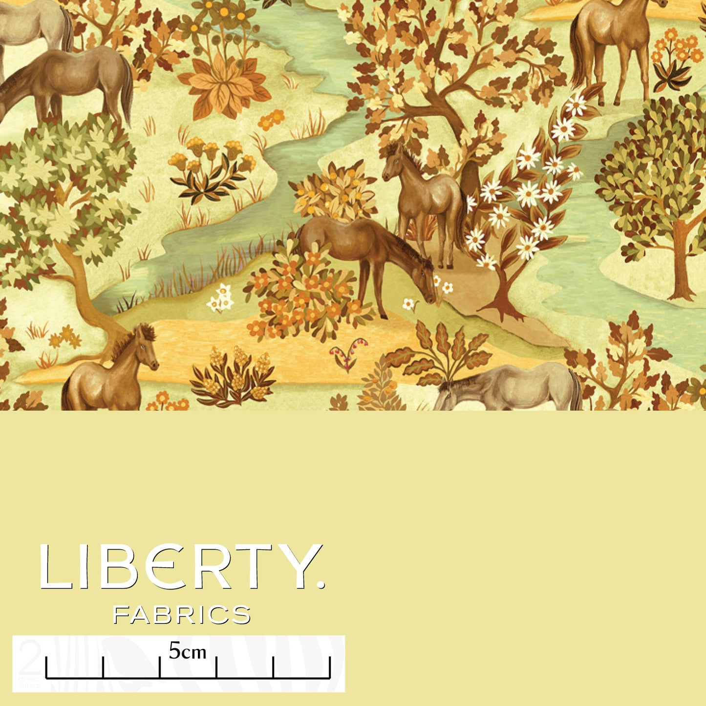 liberty print with whimsical horses flowers and trees on a yellow colourway