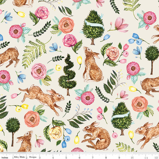 Sweet Spring Easter Fabric | Main Print Bunnies & Florals - Ivory | Cotton | 25cm