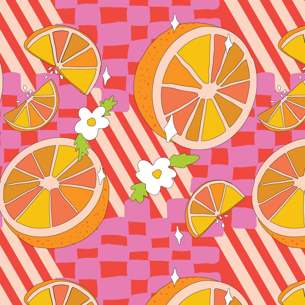 oranges and flowers on stripes and checkerboard background. Pinks, Yellows, Reds.