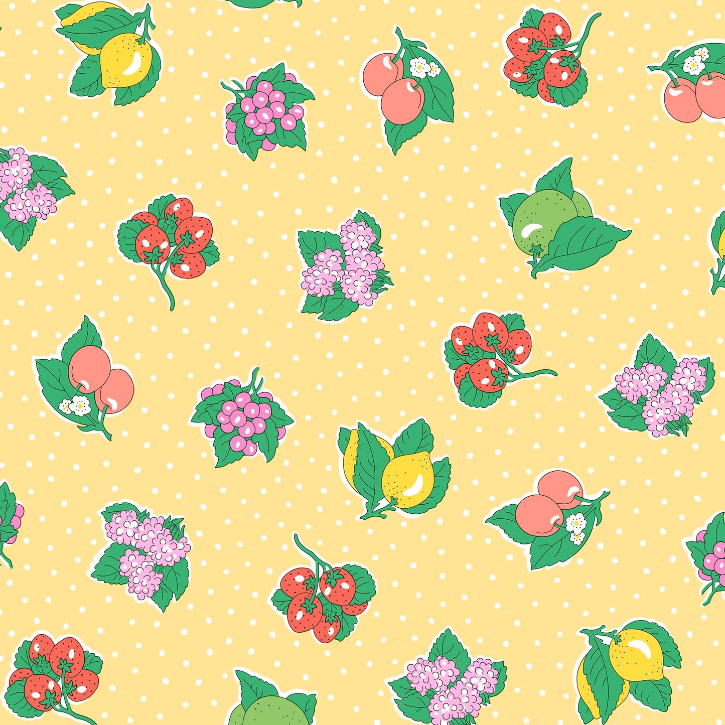 Yellow Liberty Lasenby Cotton with fruits on yellow and while polka dot background