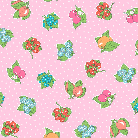 Fruits and florals on a pink background with white polka dots