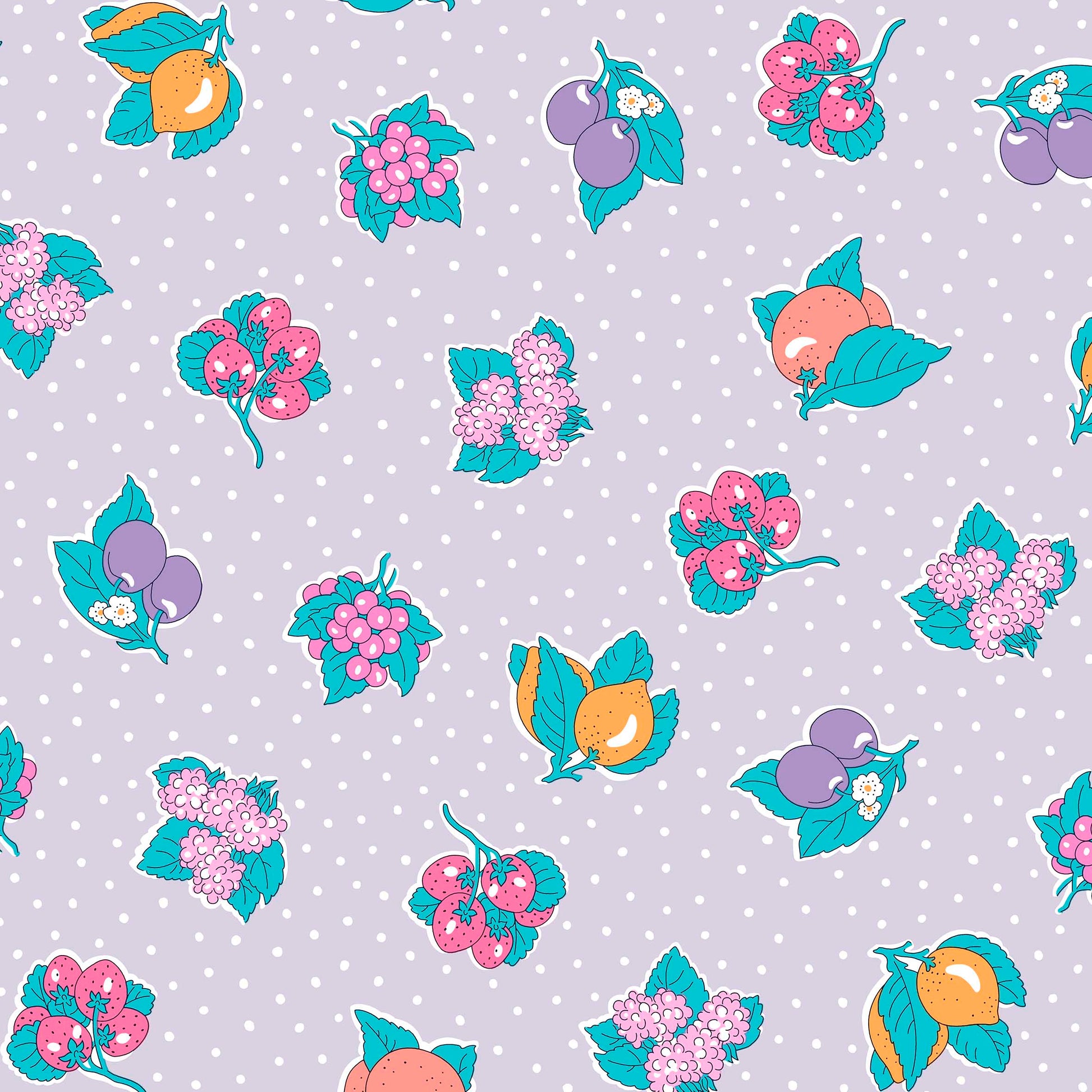 fruits and florals on a purple background with white polka dotos