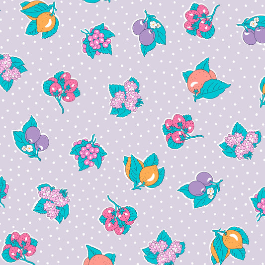 fruits and florals on a purple background with white polka dotos