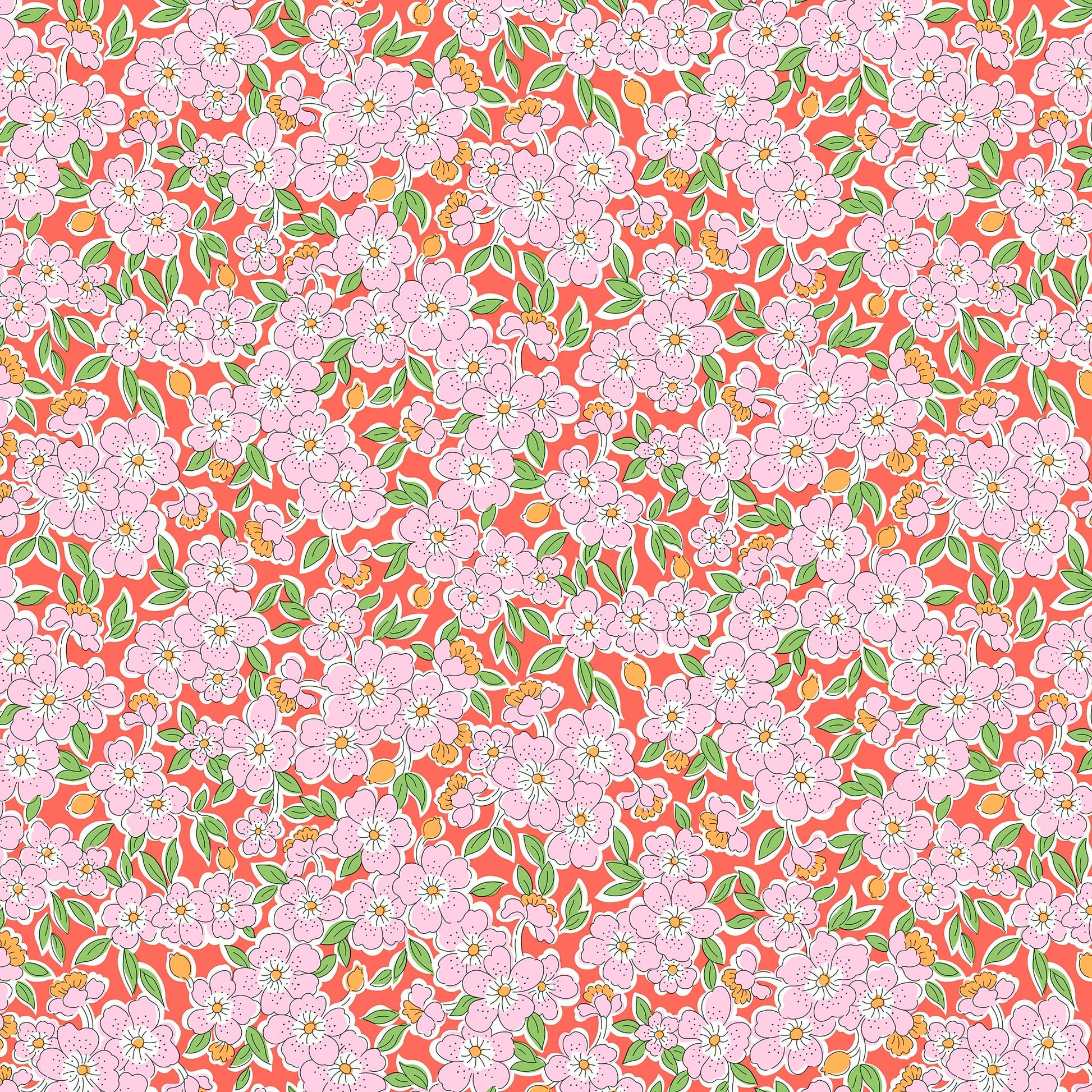 delicate flowers and leaves in pink and green on a red background.