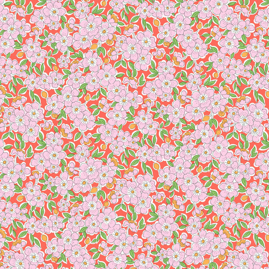 delicate flowers and leaves in pink and green on a red background.