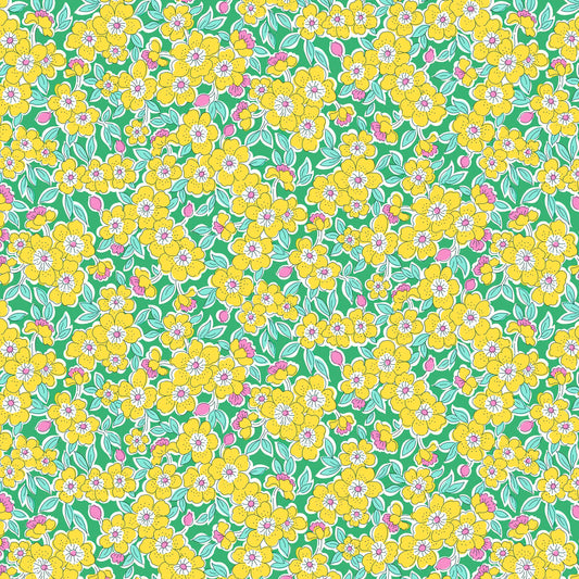 delicate flowers and leaves in yellow and teal on a green background