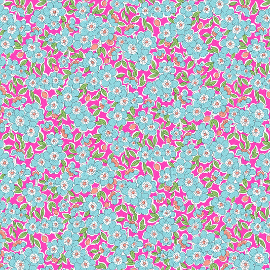 delicate flowers and leaves in light blue and green on a magenta background