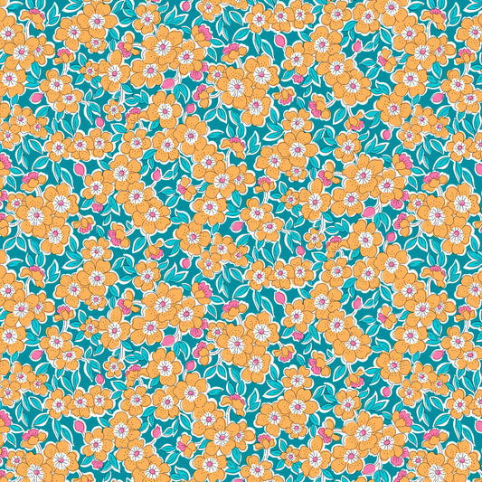 delicate flowers and leaves in orange and light blue on teal background