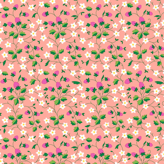 Floral pattern with white flowers, green leaves, and purple berries on a pink background