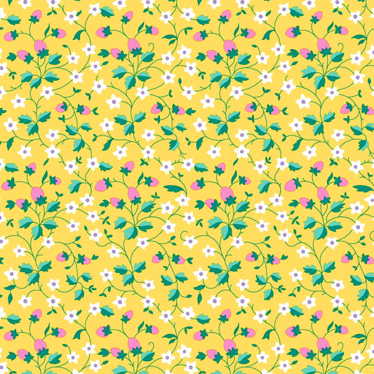 Floral pattern with pink, green, and white flowers on a yellow background
