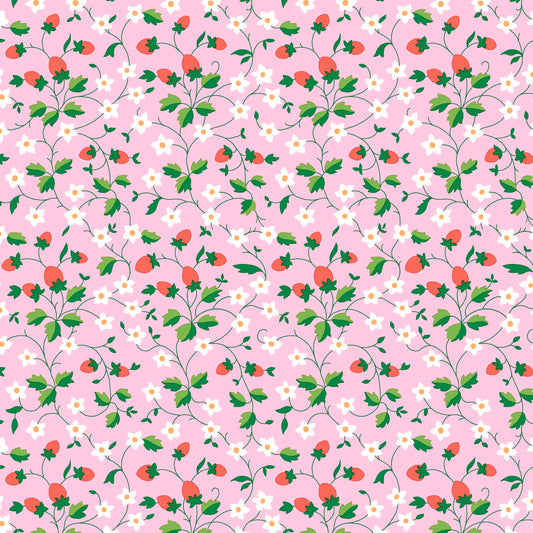 Pattern of strawberries and flowers on a pink background