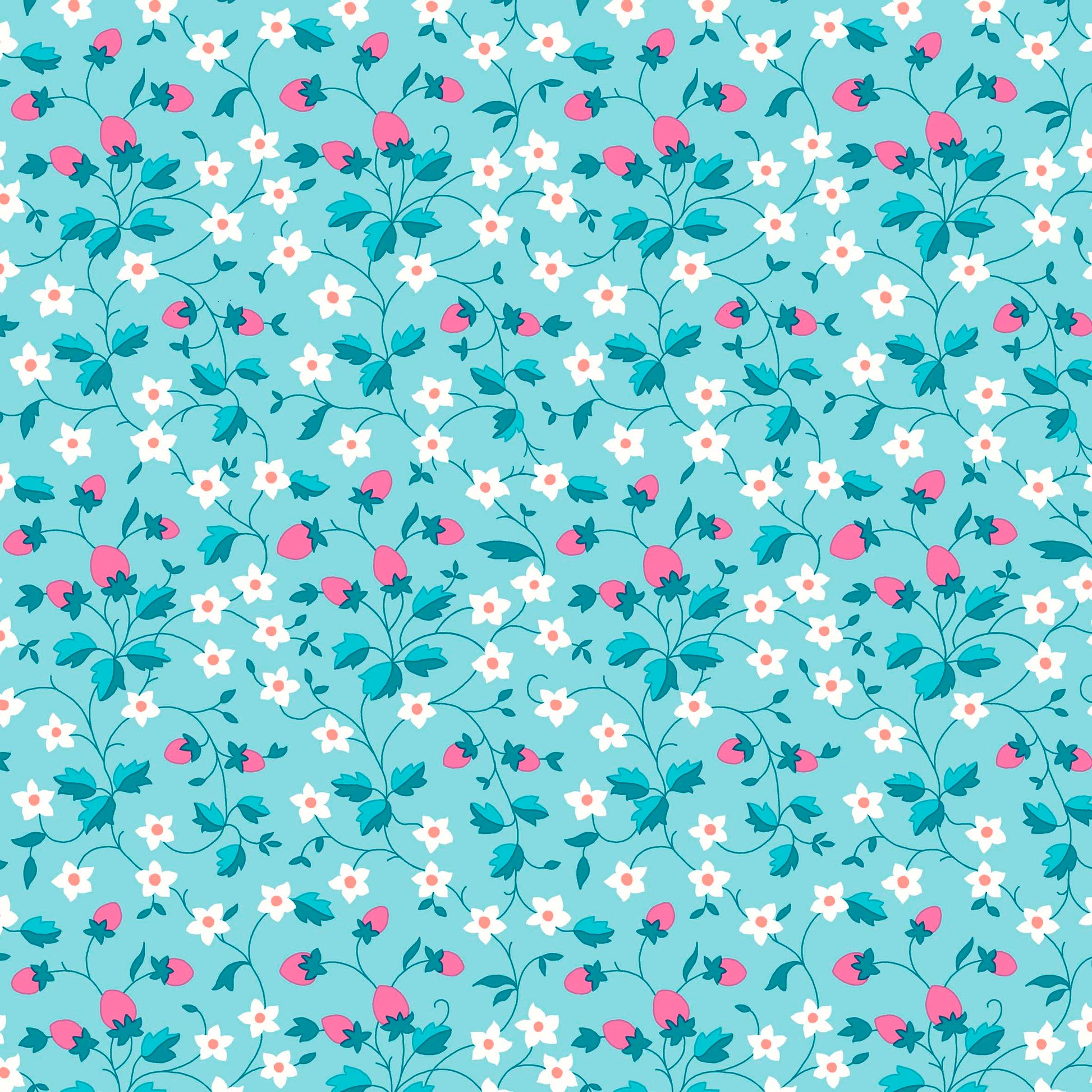 strawberries and flowers in pink and white on a blue background