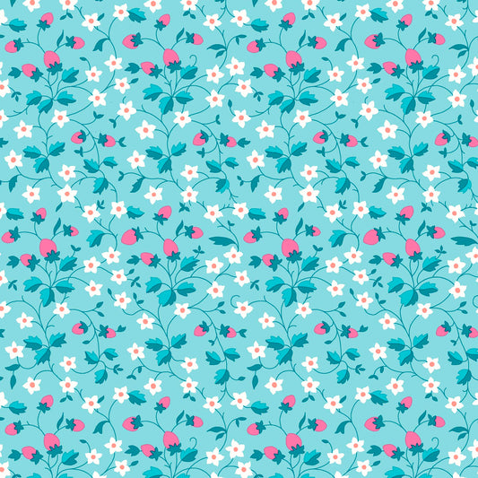 strawberries and flowers in pink and white on a blue background