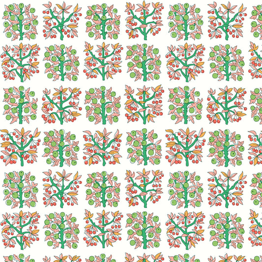Formal fruit trees in orange and green on white background