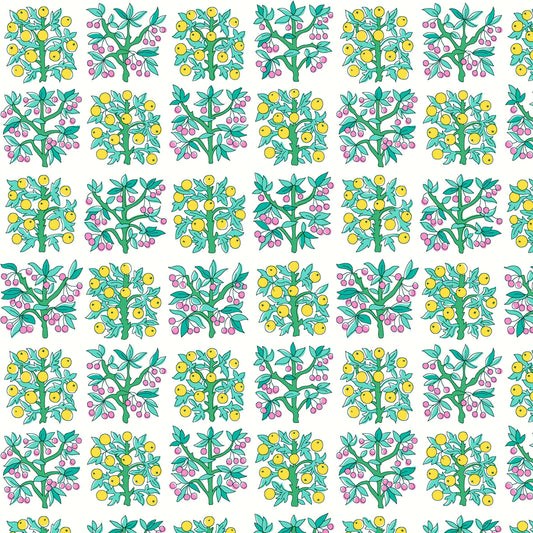 formal fruit trees in yellow, pink and green on white background