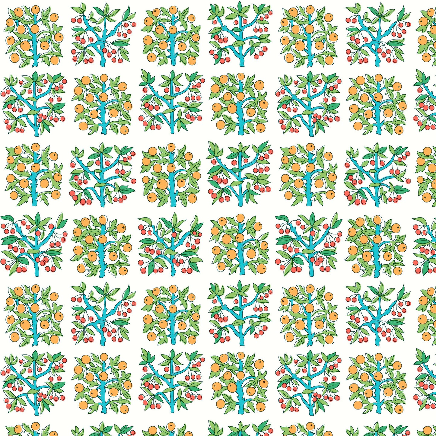 formal fruit trees in yellow, red and green on white background