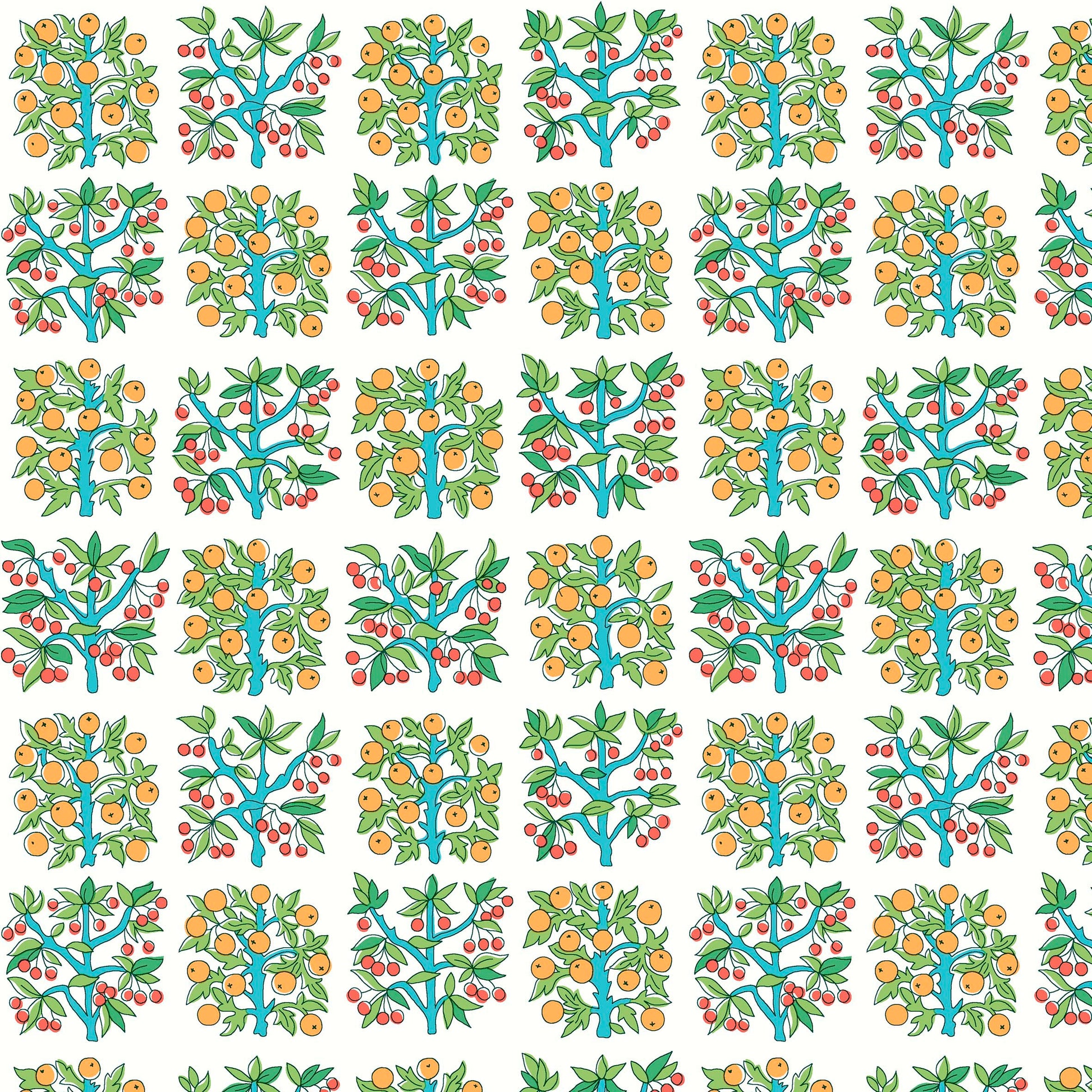 formal fruit trees in yellow, red and green on white background