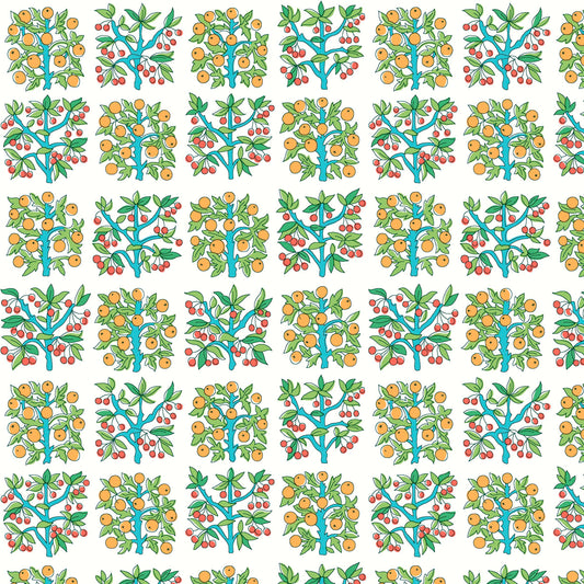 formal fruit trees in yellow, red and green on white background