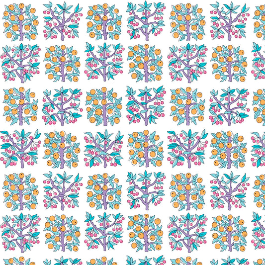 formal fruit trees in orange, teal and pink on white background