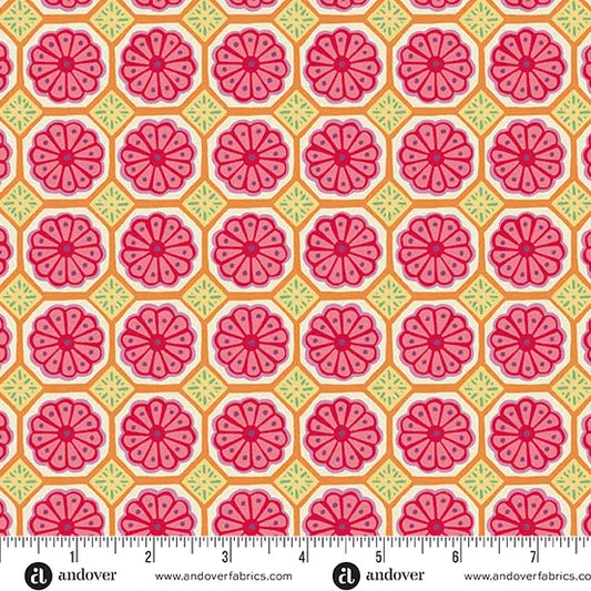 Whimsy | Retro Geometric Floral Tiles | Pink & Mustard | Cotton | 25cm