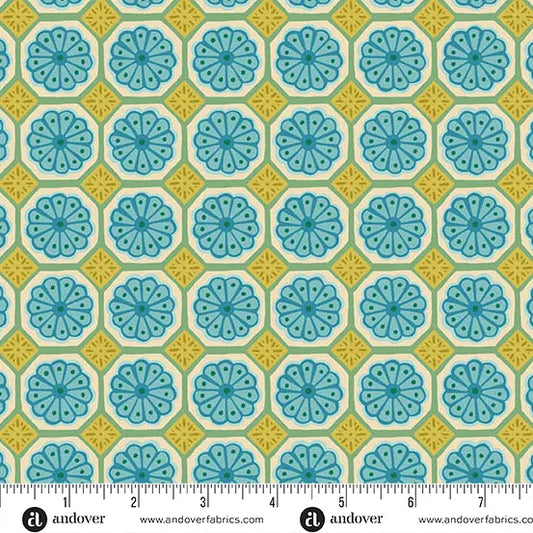 Whimsy | Retro Geometric Floral Tiles | Teal & Mustard | Cotton | 25cm