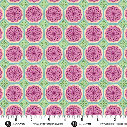 Whimsy | Retro Geometric Floral Tiles | Lime & Purple | Cotton | 25cm